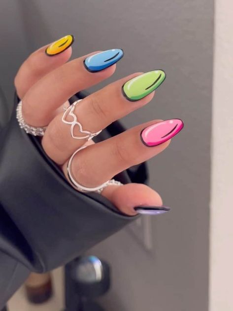 24 Cute Comic Book Nails Trend Everyone Is Obsessed Over Intermediate Nail Art, Bonnaroo Nails, Nails Inspiration Colorful, Nail Ideas Colorful, Ongles Baby Blue, Comic Nail Art, Comic Book Nails, Colorful Manicure, Book Nail Art