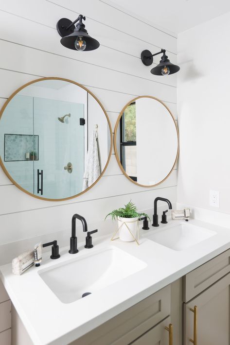 Modern farmhouse bathroom with Taupe cabinets, brass mirrors, black lighting, brass hardware and shiplap walls in bathroom  blissfuldesignstudio.com Taupe Bathroom Cabinets, Taupe Cabinets, Shiplap Bathroom Wall, Taupe Bathroom, Brass Mirrors, Mirrors Black, Shiplap Bathroom, Black Lighting, Bathroom Accent Wall