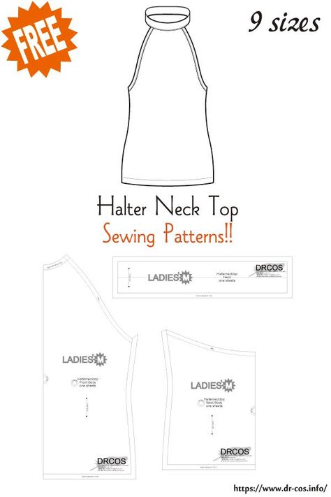 High Neck Tank Top Sewing Pattern, Halter Neck Dress Pattern Sewing, Plus Size Halter Top Pattern, Simple Halter Top Sewing Pattern, Halter Dress Pattern Sewing, Halter Dress Sewing Pattern Free, Halter Neck Pattern Sewing, Free Halter Top Pattern, Halter Neck Blouse Pattern