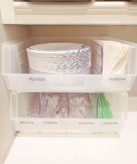 Foil And Baggie Storage, Paper Good Storage, Plastic Ware Holder Ideas, Organizing Plastic Utensils, Paper Plates Organization, Organizing Paper Plates And Napkins, Paper Plate Organization, Plastic Cutlery Organization, How To Store Paper Plates And Cups