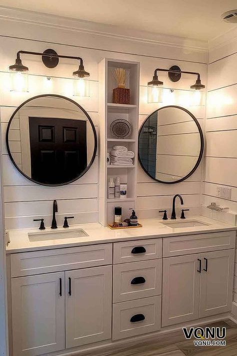 Farmhouse Bathroom with Dual Sinks and Round Mirrors Modern Farmhouse Master Bath Mirrors, Shiplap Farmhouse Bathroom, Farmhouse Modern Bathroom Ideas, Rustic Farmhouse Master Bath, Farmhouse Bathroom Sink Ideas, Modern Farm Bathroom, Shiplap Wall Bathroom, Ideas Under Staircase, Shiplap Bathroom Ideas