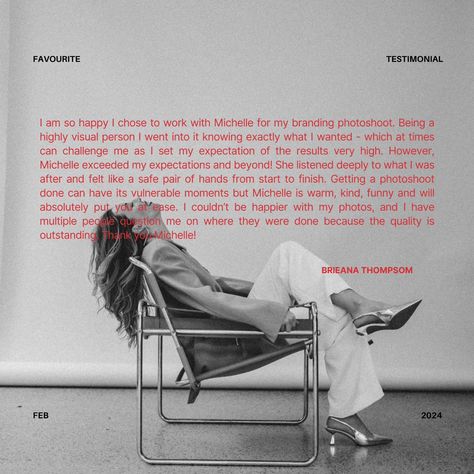 KIND WORDS 🖤 "I am so happy I chose to work with Michelle for my branding photoshoot. Being a highly visual person I went into it knowing exactly what I wanted - which at times can challenge me as I set my expectation of the results very high. However, Michelle exceeded my expectations and beyond! She listened deeply to what I was after and felt like a safe pair of hands from start to finish. Getting a photoshoot done can have its vulnerable moments but Michelle is warm, kind, funny and will... Become A Member Design, Branding Shoot Ideas Outside, Editorial Branding Photoshoot, Neutral Branding Photoshoot, Homebody Photoshoot, Editorial Brand Shoot, Doctor Branding Photoshoot, Self Branding Photoshoot, Personal Brand Aesthetic
