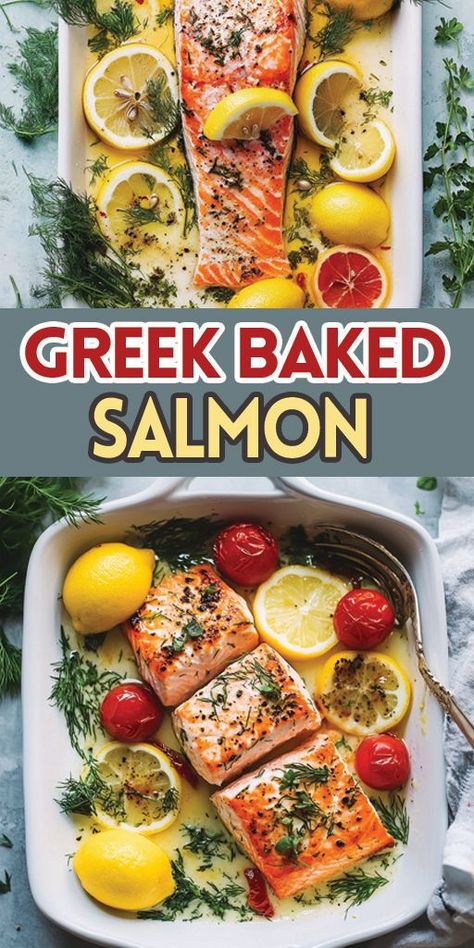 Greek Baked Salmon Ingredients: 4 salmon fillets (approx. 6 oz. each) 3 tablespoons olive oil Juice of 1 lemon 2 cloves garlic, minced 1 tablespoon fresh dill, chopped 1 teaspoon dried oregano (or Italian seasoning) 1 cup cherry tomatoes Salt and pepper to taste Feta cheese, crumbled Lemon slices for garnish #salmon #easyrecipes #camilarecipes Salmon Recipes Baked Dill, Greek Salmon Recipe, Lemon Dill Salmon, Baked Salmon Lemon, Salmon Meal Prep, Lemon Pepper Salmon, Med Diet, Lemon Salmon, Lemon Dill