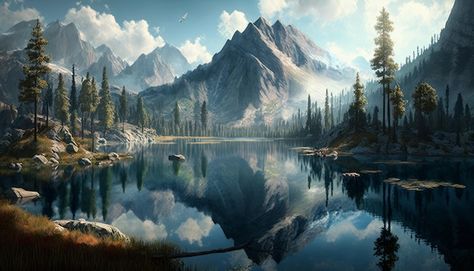 Fantasy Lake Art, Lake Fantasy Art, Fantasy Lake, Imaginary Landscapes, View Scenery, Mountains Aesthetic, Mountain Background, Mountain City, Mountain Lakes