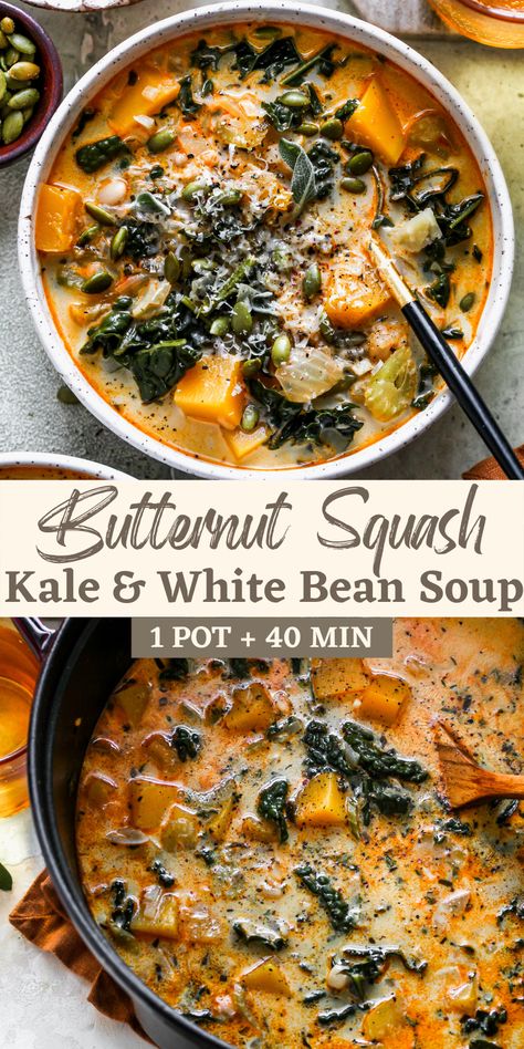 Kale And White Bean Soup, Kale And White Bean, Butternut Squash Kale, White Bean Soup, Soup And Stew, Dinner Healthy, White Bean, Squash Recipes, Healthy Soup Recipes