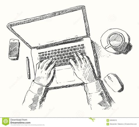 Sketch Hands Computer Man Office Top View Drawn Stock Vector - Image: 58509019 Sketch Of Hands, Office Top View, Sketch Hands, Computer Sketch, Laptop Drawing, Table Sketch, Storyboard Drawing, New Nature Wallpaper, Computer Drawing