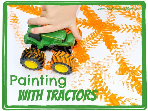 Painting with Tractors  www.TheSeasonedMom.com Farm Storytime, Easy Summer Activities, October Preschool, Harvest Activities, Harvest Ideas, Garden Critters, Summer Activities For Toddlers, Farm Lessons, Farm Animals Activities