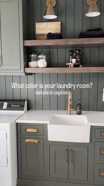 Green Paint Laundry Room, Light Green Cabinets Laundry Room, Painted Cabinets In Laundry Room, Laundry Room Design Green, Sw Cast Iron Cabinets, Dark Green Laundry Room Cabinets, Laundry Room With Green Cabinets, Dark Cabinets Laundry Room, Pewter Green Laundry Room