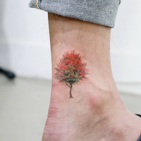 Maple tree tattoo on the ankle. Oak Tree Tattoo Sleeve, Maple Tree Tattoo, Maple Tree Tattoos, Tree Tattoo Ankle, Tree Sleeve Tattoo, Tree Tattoo Arm, Oak Tree Tattoo, Tattoo Tree, Autumn Tattoo