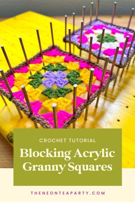 Blocking Acrylic Yarn, How To Block Acrylic Yarn Crochet, How To Block Crochet Squares, Block Granny Squares How To, How To Block Crochet Granny Squares, Block Granny Squares, Blocking Acrylic Yarn Crochet, Diy Blocking Board Crochet Granny Squares, Blocking Granny Squares How To