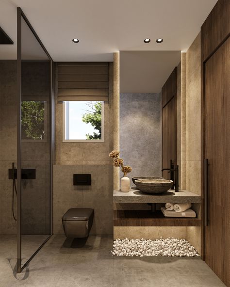 Gouna Residence | Bedroom 01 on Behance Hotel Bathrooms Small, Wc Toilet Ideas, Wabi Sabi Bedroom Modern, Tulum Bathroom Design, Hotel Bathroom Interior Design, Bathroom Hotel Design, Earthtone Bedroom, Hotel Bathroom Design Luxury, Toilet Design Ideas