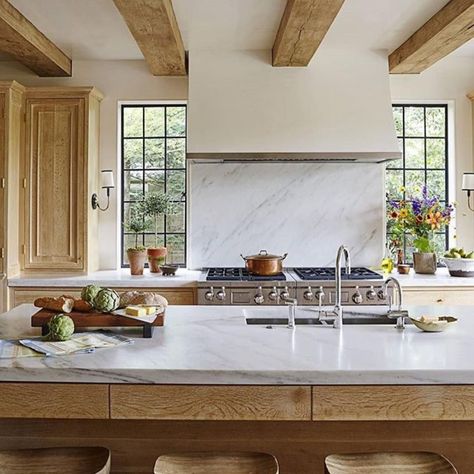 Beams Kitchen, Natural Wood Kitchen Cabinets, Natural Wood Kitchen, White Range, Kitchen Wood, Wood Ceiling, Kitchen Ceiling, Wood Kitchen Cabinets, Circa Lighting