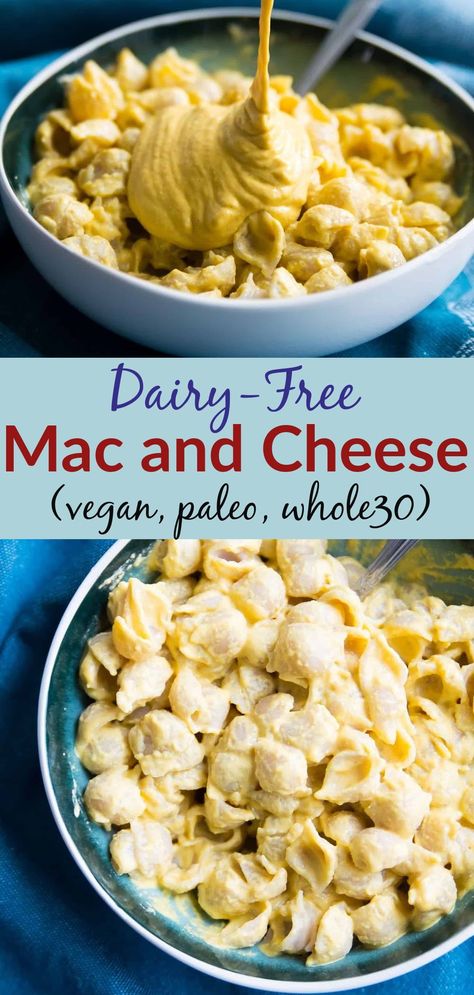 This dairy free mac and cheese is so creamy and rich. The perfect comfort food that is also vegan, paleo and Whole30 and ready in less than 15 minutes.#whole30 #paleo #vegan @pureandsimplenurishment Whole30 Mac And Cheese, Whole 30 Mac And Cheese, Paleo Mac And Cheese, Whole30 Pulled Pork, Dairy Free Mac And Cheese, Dairy Free Recipes Easy, Cold Weather Comfort Food, Paleo Side Dishes, Grain Free Bread