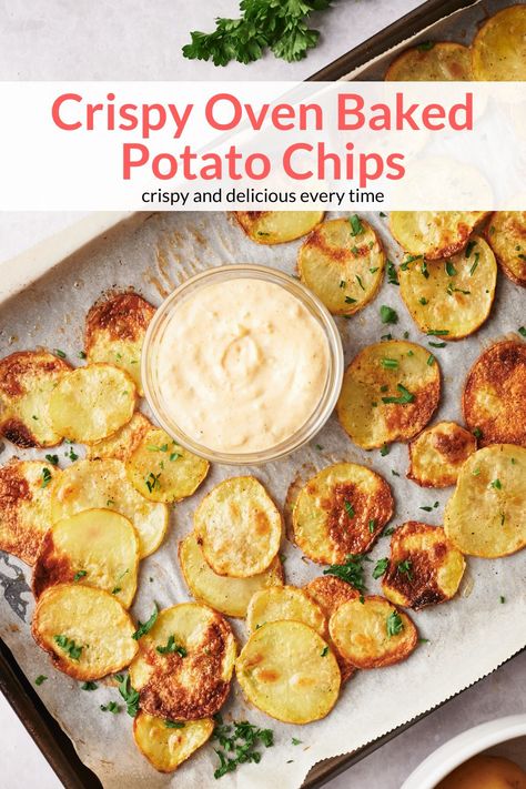 You won't believe that these crispy homemade potato chips were baked in the oven. They are healthy, delicious, and can be seasoned in so many ways. #sidedish #snack #kidfriendly #quickandeasy #bakedpotatochips Air Fry Potato Chips, Potatoe Chips Homemade Baked, Crispy Parmesan Potato Chips, Baked Potato Chips In Oven, Homemade Potato Chips In Oven, Homemade Chips In Oven, Potato Chips In Oven, Mini Potato Recipe, Oven Potato Chips