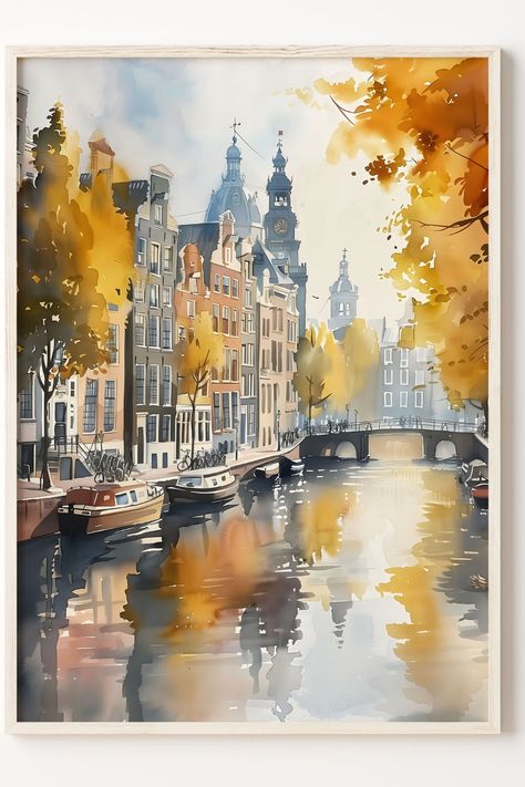 Watercolor painting of Amsterdam showcasing iconic canals and architecture Amsterdam Watercolor, Architectural Watercolor, Netherlands Poster, Viking Cruise, Watercolor Travel, Viking Cruises, Vibrant Watercolor, Watercolor Prints, Pressed Flower Art