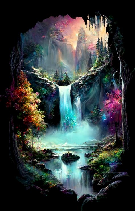 Fantasy Waterfall Forest, Enchanted Forest Fantasy Art, Enchanted Forest Waterfall, Mystical Places Enchanted Forest, Enchanted Forest Pictures, Mystical Art Drawings, Enchanted Forest Artwork, Fey Wild Landscape, Fantasy Forest Tattoo