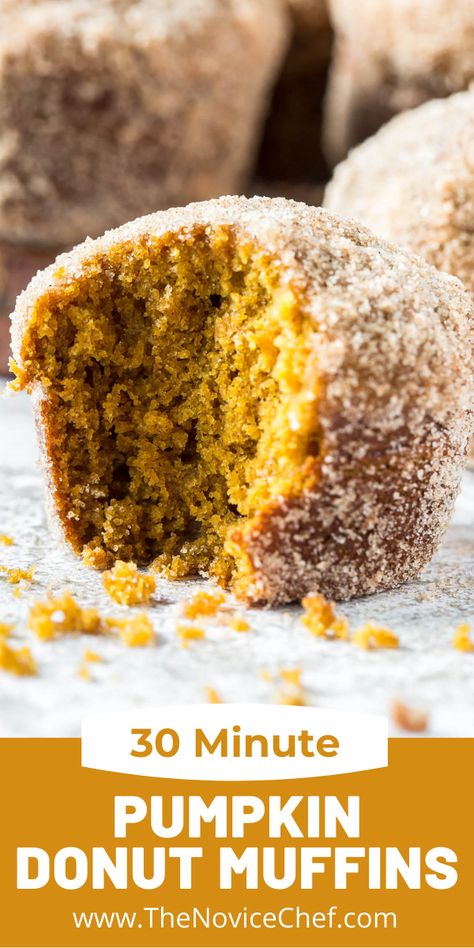 Pumpkin Muffins Moist, Donut Pumpkin, Pumpkin Donut Muffins, Homemade Pumpkin Muffins, Muffin Recipes Cinnamon, Pumpkin Donut, Novice Chef, Fall Eats, Moist Muffins