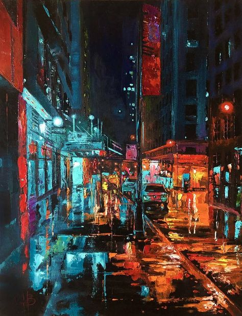 Nighttime Cityscape Painting by Gina Bogomol | Saatchi Art Interior Bright Colors, Chicago Night, Street At Night, America City, Chicago Street, A Level Art Sketchbook, Street Painting, City Painting, Cityscape Art