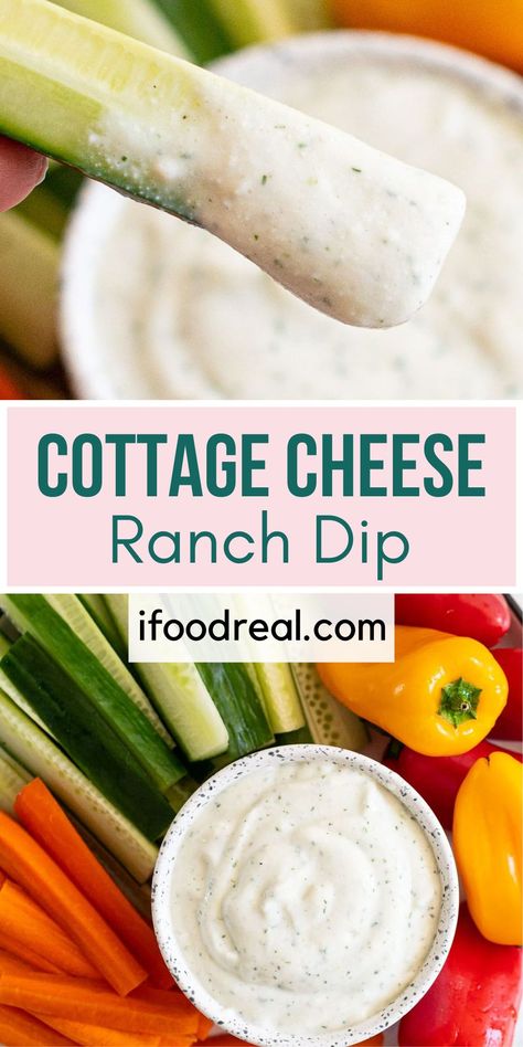 This Cottage Cheese Ranch Dip is made with 5 ingredients, in 5 minutes, in a blender or food processor. It tastes like savory and creamy ranch that pairs perfectly with fresh vegetables and crackers. High Protein Ranch, Cottage Cheese Ranch Dip, Cheese Ranch Dip, Cottage Cheese Ranch, Protein Ranch, Cottage Cheese Dip Recipes, Healthy Veggie Dip, Ranch Dip Recipe, Cottage Cheese Dips