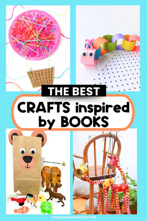 4 examples of crafts inspired by books for kids with hot air balloon, paper chain caterpillar, brown bear paper bag puppet, and giraffe marionettes. 1st Grade Book And Craft, Preschool Book Crafts, Book Club Activities For Kids, Book Character Crafts, Book And Craft Activities, Crafts Based On Books, Story Book Crafts, Book Crafts For Kids, Rory Birthday