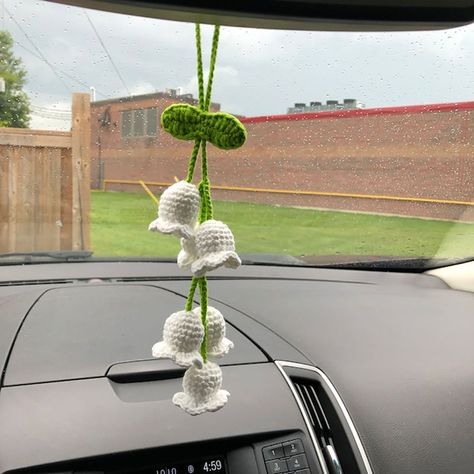 Unique Handmade Lily Of The Valley Flower Car Mirror Hanging Charm Keychain - Perfect Gift For Women & Girls! -  #Car #Charm #Flower #gift #girls #handmade #Hanging #Keychain #Lily #Mirror #Perfect #Unique #Valley #Women Car Mirror Hangers Crochet, Lily Of The Valley Crochet, Crochet Car Hanger, Crochet Car Charm, Aesthetic Car Decor, Hanging Orchid, Car Mirror Decorations, Car Mirror Hangers, Car Mirror Hanging