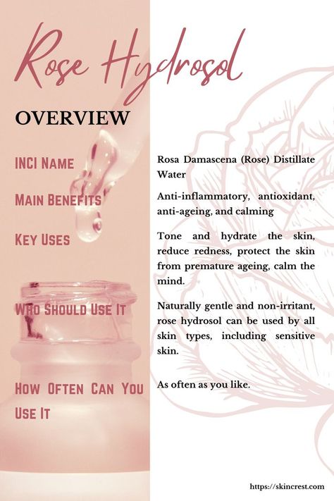 Known for its anti-inflammatory, antioxidant, anti-ageing and calming effect, rose hydrosol is often used in skincare products to balance skin tone, hydrate, reduce redness and protect the skin from premature ageing. Check out the post to learn about its main skin benefits, uses and where to find it. Rose Hydrosol, Skin Benefits, Medicinal Herbs, Skincare Ingredients, Homemade Beauty Products, Natural Medicine, Oils For Skin, Body Health, Oily Skin