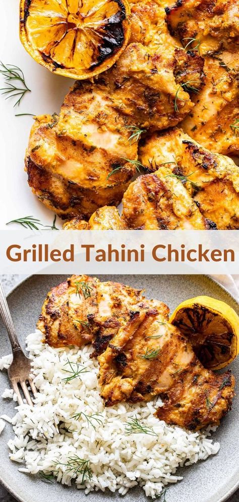 Recipes With Tahini Sauce, Tahini Marinade, Tahini Chicken Recipe, Chicken Tahini, Lemon Dill Rice, Runner Recipes, Tahini Chicken, Dill Rice, Recipe Runner