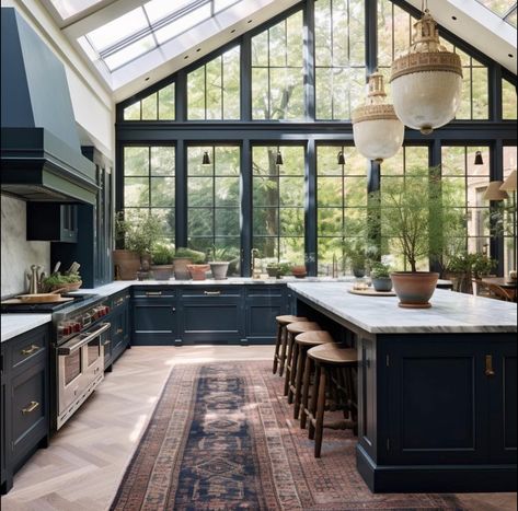 Kitchen In Conservatory, Kitchen Huge Island, Industrial Home Interior Design, Sunroom Kitchen Ideas, Conservatory Interior Design, Conservatory Addition To House, Industrial Open Kitchen, Kitchen Additions Back Of House, Art Deco Kitchens