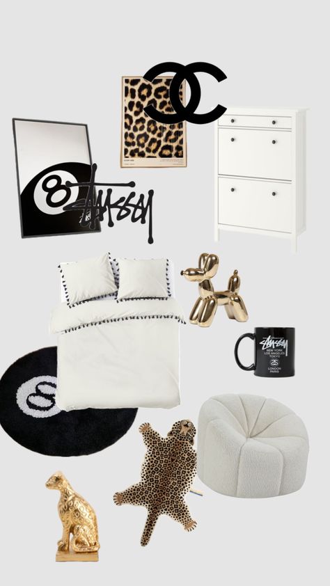 Fashion Themed Bedroom, Fashion Bedroom Aesthetic, Cheetah Bedroom Ideas, Stockholm Room Aesthetic, Stockholm Style Bedroom, Fashion Room Aesthetic, Black And White Bedroom Aesthetic, Stockholm Bedroom, Chanel Inspired Room