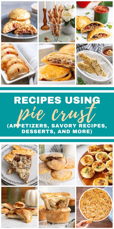 Over the years I’ve experimented with lots of recipe ideas for pie crust and different ways to use pie crust, as it's one of my favorite recipe shortcuts. I’m sharing a collection of the best recipes using pie crust, including savory recipes using pie crust, pie crust appetizers, desserts with pie crust, and more ideas for pie crust. If you’re looking for easy things to make with pie crust click or visit FabEveryday.com for all the recipes! Pie Crust Supper Ideas, Ready To Use Pie Crust Recipes, Recipes To Use Up Pie Crust, Pie Crust Sandwiches, Pie Crust Cream Cheese Desserts, Recipes That Use Pie Crust Dinner, What To Make With Mini Pie Crust, One Pie Crust Recipe, Appetizer Recipes Using Pie Crust