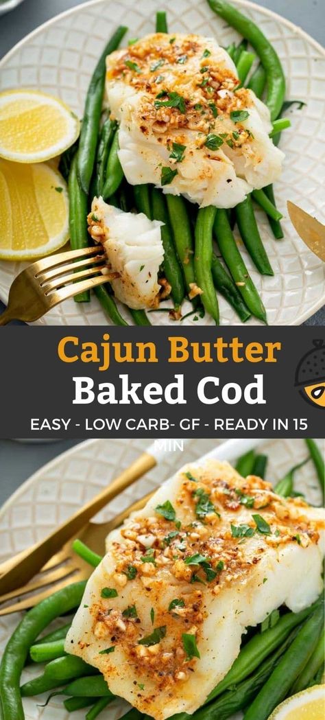 Cajun Cod Fish Recipes Baked, Roasted Cod Recipes, Cajun Baked Cod, Cajun Cod Fish Recipes, Cajun Cod Recipes, Noom Dinners, Cod Recipes Oven, Cajun Cod, Butter Baked Cod