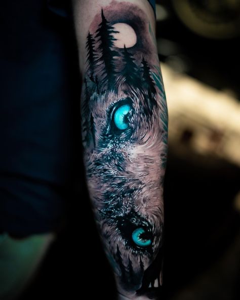 Forearm Wolf Tattoos For Women, Wolf Half Sleeve Tattoos For Guys, Half Sleeve Wolf Tattoo For Men, Blue Eye Wolf Tattoo, Half Human Half Animal Eye Tattoo, Blue Wolf Tattoo, Protective Wolf Tattoo, Wolf Forearm Tattoo For Men, Half Animal Tattoo