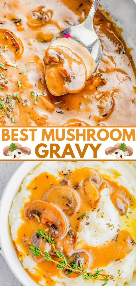 Mushroom Gravy - A rich, hearty, and very flavorful gravy recipe to perfectly complement your favorite dishes and holiday recipes! Made with mushrooms, onions, and butter for maximum comfort food flavor! An EASY gravy recipe that will impress everyone at your next Thanksgiving, Christmas, or special family gathering! Turkey Mushroom Gravy, Asian Gravy Recipe, Mushroom Gravy Recipe Easy, Mushrooms Gravy, Onion And Mushroom Gravy, Savory Hand Pies Recipes, Cooking Staples, Homemade Gravy Recipe, Easy Gravy Recipe