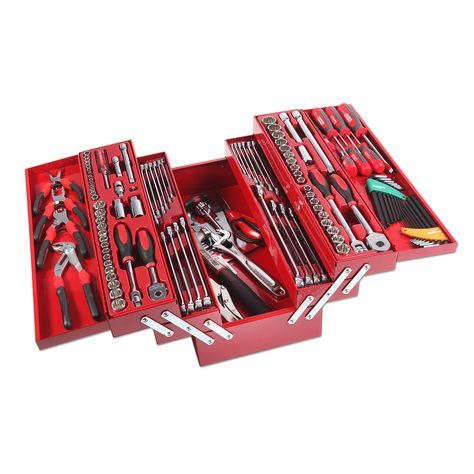 This Sidchrome 5 tray tool kit includes drive sockets and accessories, spanners, hex keys, screwdrivers, pliers, a wrench, hammer and scissors. Homesteading Tools, Cantilever Tool Box, Tool Cart, Maximize Storage, Hand Tool Kit, Tool Boxes, Tool Kits, Tool Chest, Must Have Tools