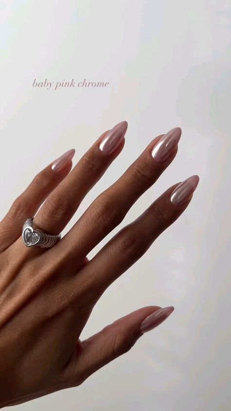 These Baby Pink Chrome Formal Nails are stunning and can easily be paired with a gorgeous formal dress! #FormalNails #PromNails #Nailinsporation #BabyPink #PinkChromeNails #missrunway Wedding Nail Extensions, Engagement Acrylic Nails, Trendy 2024 Nails, Nails Almond Shape Chrome, Chrome Gel Nails Ideas, Neutral Nails With Chrome, Nails 2024 Pink, Pink Bright Nails, Pink Nails 2024