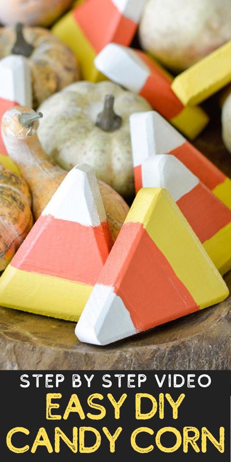 Easy DIY Candy Corn Decor is a fun, affordable fall craft project! This wooden candy corn can be used in a holiday centerpiece, vignette, or string it on twine for a seasonal garland!  #diy #falldecor #fall Fall Wooden Decor Diy, Candy Corn Tree Diy, Wooden Holiday Crafts Diy Projects, 2x4 Candy Corn, Wooden Candy Corn Decorations, Wood Candy Corn Decor, Halloween Craft Sale Ideas, Diy Candy Corn Decorations, Diy Wooden Candy Corn