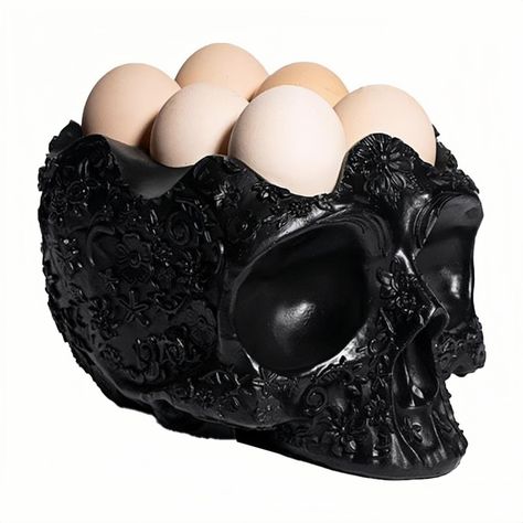 PRICES MAY VARY. High-quality synthetic resin material: Our skull egg holder is made of high-quality synthetic resin, ensuring durability and sturdiness. This eco-friendly material is not only safe for human health but also features excellent waterproof and wear-resistant properties. Unique design with creative shape: Our egg holder countertop features a unique skull-shaped design, adding a distinctive and fashionable touch to your kitchen decor. Its intricate carving and lifelike simulation mak Goth Easter, Gothic Crafts, Goth Kitchen, Halloween Breakfast, Egg Container, Dark Home Decor, Unique Bowls, Egg Storage, Goth Home