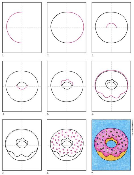 Easy How to Draw a Donut Tutorial and Donut Drawing Coloring Page How To Draw A Donut Step By Step, Donut Painting Easy, How To Draw Donut, How To Draw A Donut, Donut Art Project For Kids, Donut Art Project, How To Draw Desserts, Candy Art Drawing, How To Draw Food