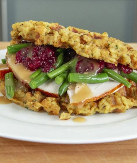 Image of Stuffing Waffle Sandwich Stuffing Waffles Thanksgiving, Leftover Stuffing Waffles Recipe, Stuffing Waffles, Waffle Sandwich Recipe, Butterball Recipe, Roast Turkey Gravy, Savory Waffle Recipe, Best Turkey Recipe, Waffle Iron Recipes