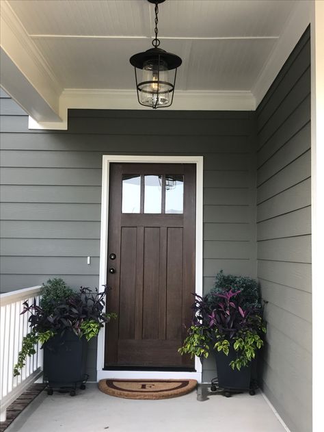 Grey House Brown Trim, Link Gray Sherwin Williams, Warm Gray Exterior House Colors, Grey House Exterior Colour Schemes, Dark Gray House Front Door Color, Grey Green Exterior House Paint, Grey Blue Exterior House Colors, Gray And White House Exterior, Gray Sherwin Williams Exterior