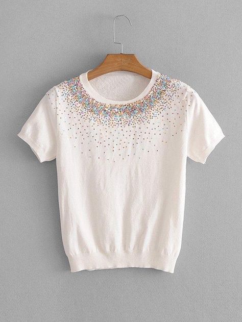 Women T Shirts, Knit Tees, Neck Pattern, Womens Tees, Lace Top, Sequin, Tunic Tops, Color White, Round Neck