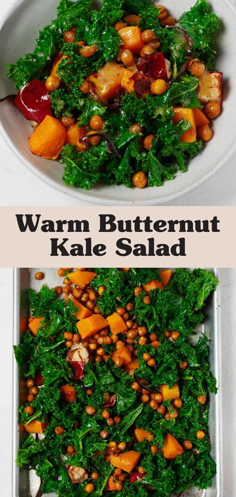 This hearty sheet pan butternut squash salad with kale is full of texture, color, and flavor! It’s festive and perfect for holidays and for sharing, yet it’s also stress-free to prepare. Sweet roasted butternut squash, apples, and onions, crispy chickpeas, and tender marinated kale: this unconventional warm salad has it all. Kale And Squash Salad, Butternut Squash And Kale Recipes, Warm Kale Salad Recipes, Roasted Kale Salad, Warm Kale Salad, Marinated Kale, Apples And Onions, Butternut Squash Kale, Cut Butternut Squash