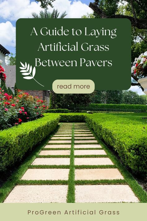 Artificial grass lawn with bushes and stone pavers in Charlotte, NC. Grass Between Pavers, Laying Artificial Grass, Artificial Grass Installation, Driveway Landscaping, Paver Driveway, Backyard Inspo, Artificial Grass, Outdoor Area, Curb Appeal