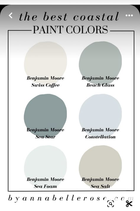 Coastal Paint Colors Benjamin Moore, Coastal Painting Ideas, Coastal House Aesthetic, Best Coastal Paint Colors, Coastal Paint Palette, Boys Room Colors, Nursery Paint Colors, Beach Color Palettes, Coastal Paint Colors