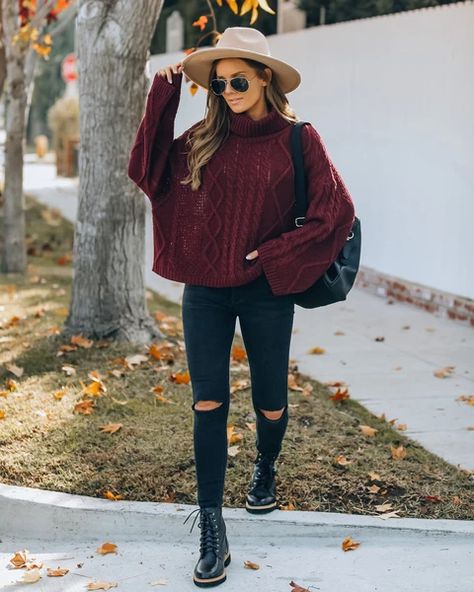 Maroon Cardigan Outfit Aesthetic, Burgundy Shirt Outfit Women, Maroon Fall Outfit, Black And Maroon Outfit, Burgundy Turtleneck Outfits, Burgundy Sweater Outfit Winter, Batwing Sweater Outfit, Knit Sweater Outfit Winter, Burgundy Top Outfit