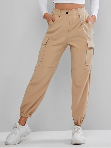 Flap Pockets Chain Jogger Pants - Light Khaki #joggerpants #joggerpantsoutfit #casual #casualstyle #sweatpants #streetstyle #streetwearfashion #joggerpantsoutfitwomen #joggerpantsoutfitcasual #khakijoggeroutfit #womenpants #minimalistfashion #afflink #fashionpants #womenpantscasual #womenpantscasualsimple Celana Jogger Wanita, Cute Sweatpants, Joggers Outfit, Sporty Outfits, Mode Streetwear, Girls Fashion Clothes, Teenage Fashion Outfits, Teen Fashion Outfits, Mode Outfits