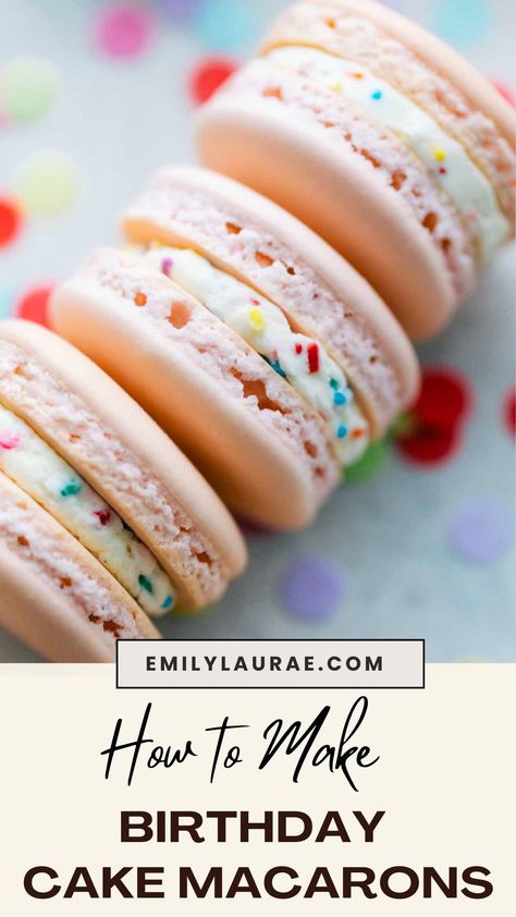 Hold the candles and grab your party hats: these Birthday Cake Macarons put the FUN in funfetti! Delicate French meringues are filled with a white chocolate cream cheese frosting peppered with colorful sprinkles for a dainty and delicious celebratory sweet. Birthday Cake Cream Cheese Frosting, Macaron Birthday Party, Macaron Icing Recipe, Macaron Fillings Ideas, Cosmic Brownie Macaron, Macarons Filling Ideas, Macaroon Filling Flavors, Macaroons Birthday Cake, Cake Batter Macarons