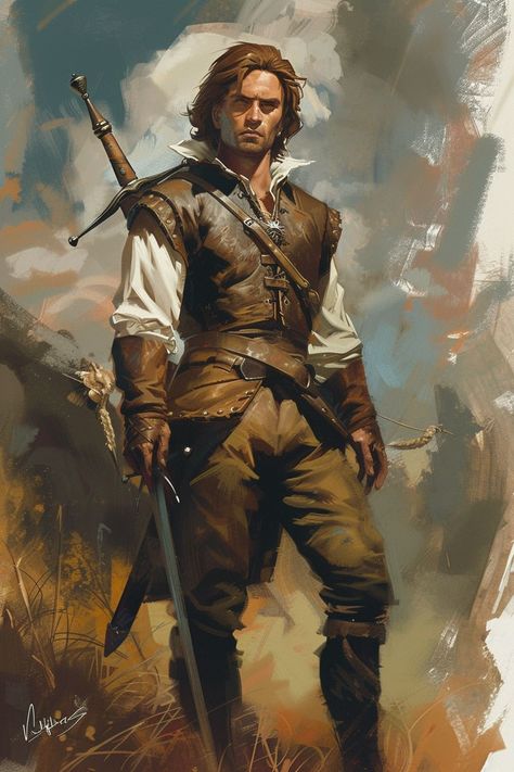 Explorer Fantasy Art, Adventurer Fantasy Art, Fantasy Npc Art, Dnd Swashbuckler, Dnd Fighter Art, Male Warrior Fantasy Art, Fighter Character Art, Male Dnd Character Design, Fantasy Jobs