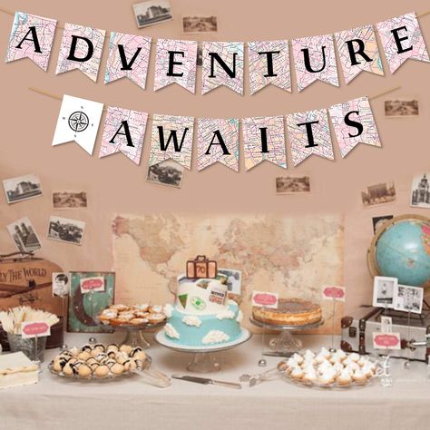 Bon Voyage Banner, Work Retirement Party Ideas, Map Banner, Photobooth Decor, Adventure Birthday Party, Job Change, Adventure Awaits Baby Shower, Travel Party Theme, Adventure Party