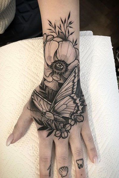 Tiger Hand Tattoo, Traditional Hand Tattoo, Side Hand Tattoos, Butterfly Hand Tattoo, Skull Hand Tattoo, Rose Hand Tattoo, Belly Tattoos, Hand Tats, Muster Tattoos